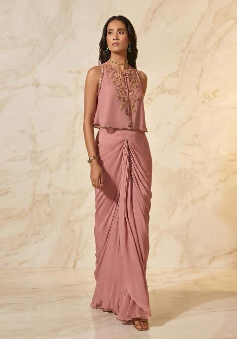 Onion Pink Handwork Pre Draped Saree Set
