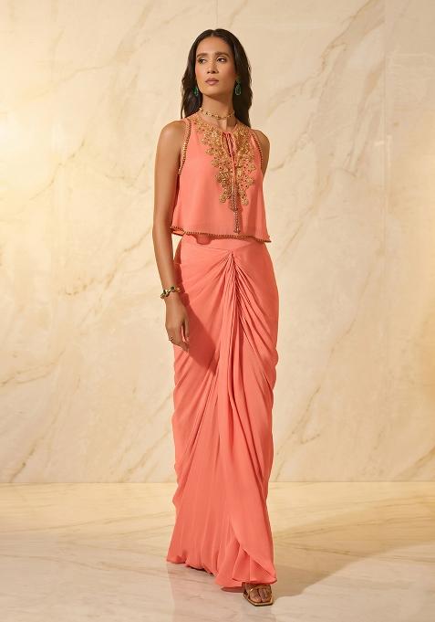 Coral Handwork Pre Draped Saree Set