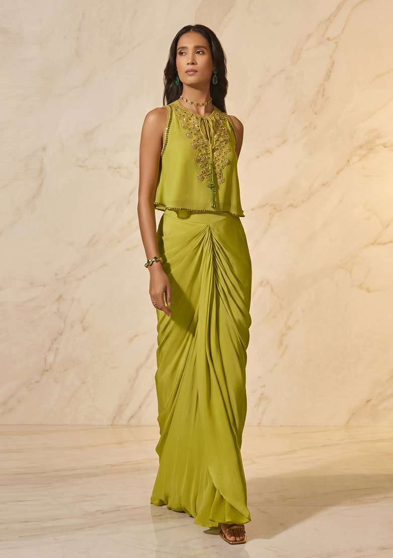 Olive Green Handwork Pre Draped Saree Set - Indya
