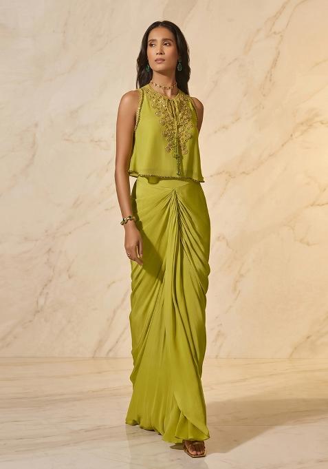 Olive Green Handwork Pre Draped Saree Set