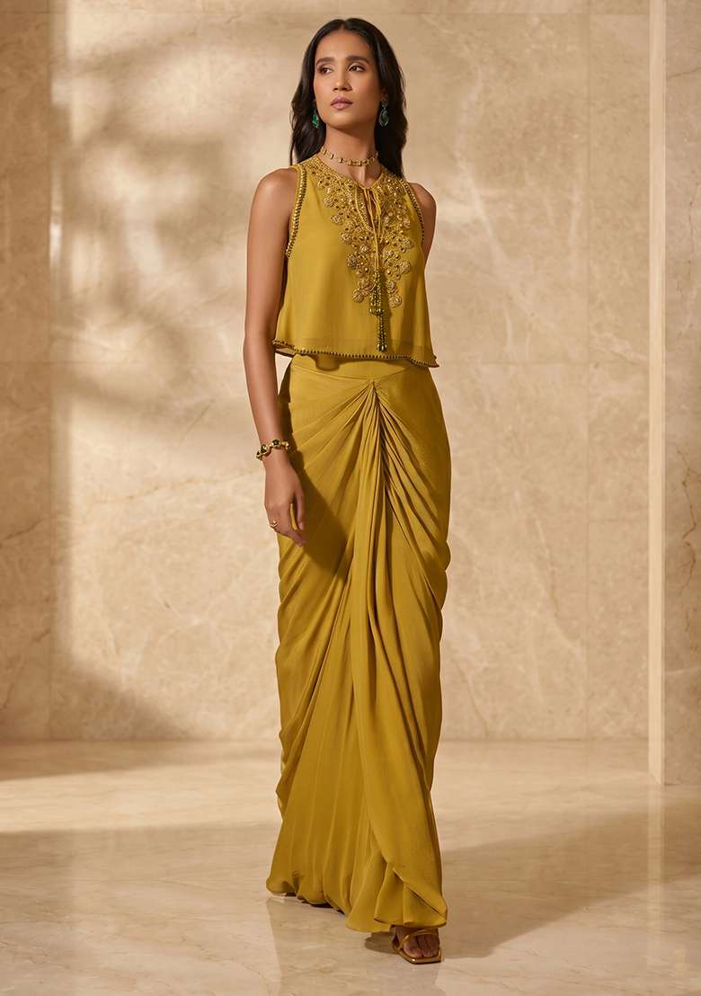Olive Green Handwork Fusion Set - Indya