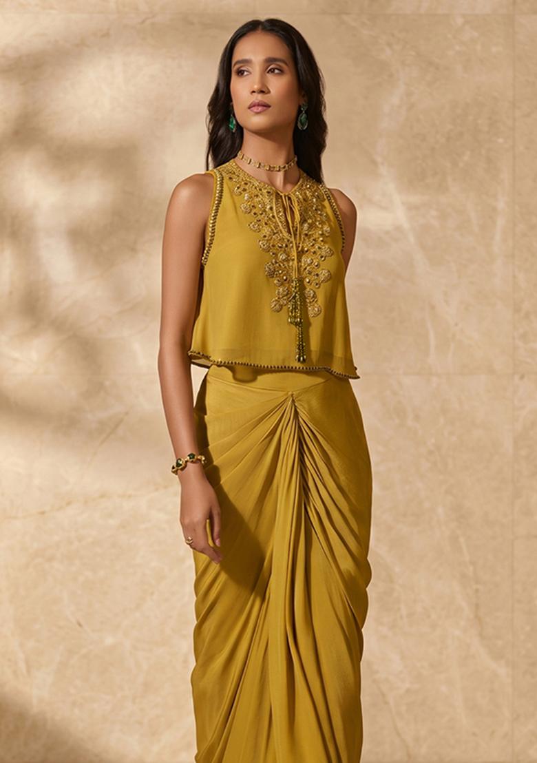 Olive Green Handwork Fusion Set - Indya