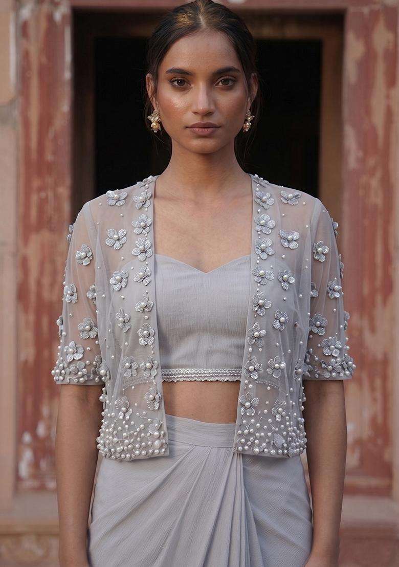 Light Grey Handwork Fusion Set - Indya