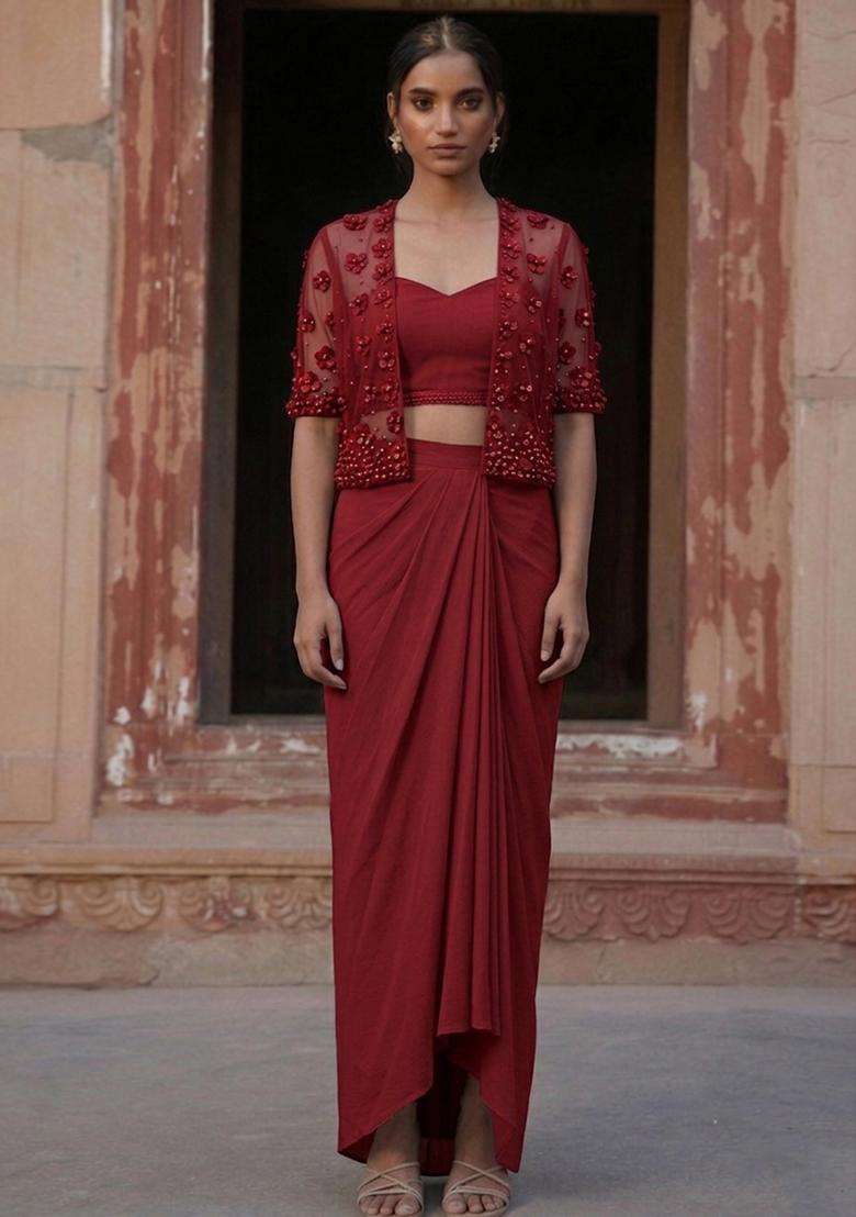 Maroon Handwork Fusion Set - Indya
