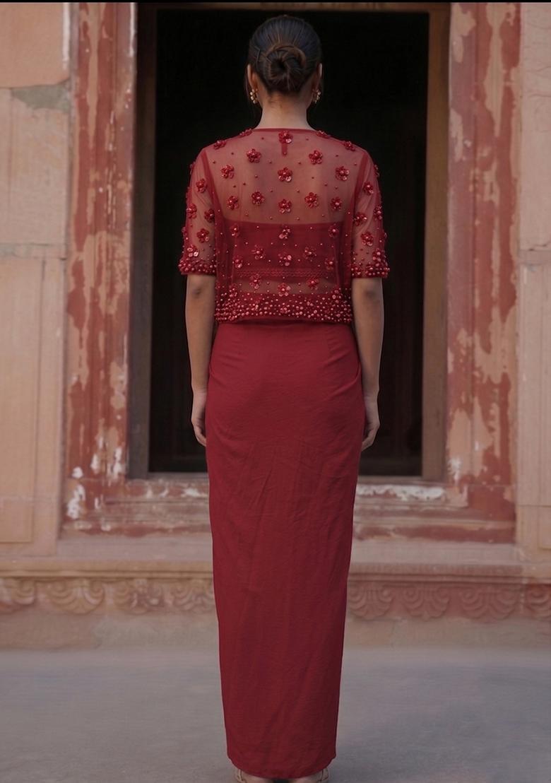 Maroon Handwork Fusion Set - Indya