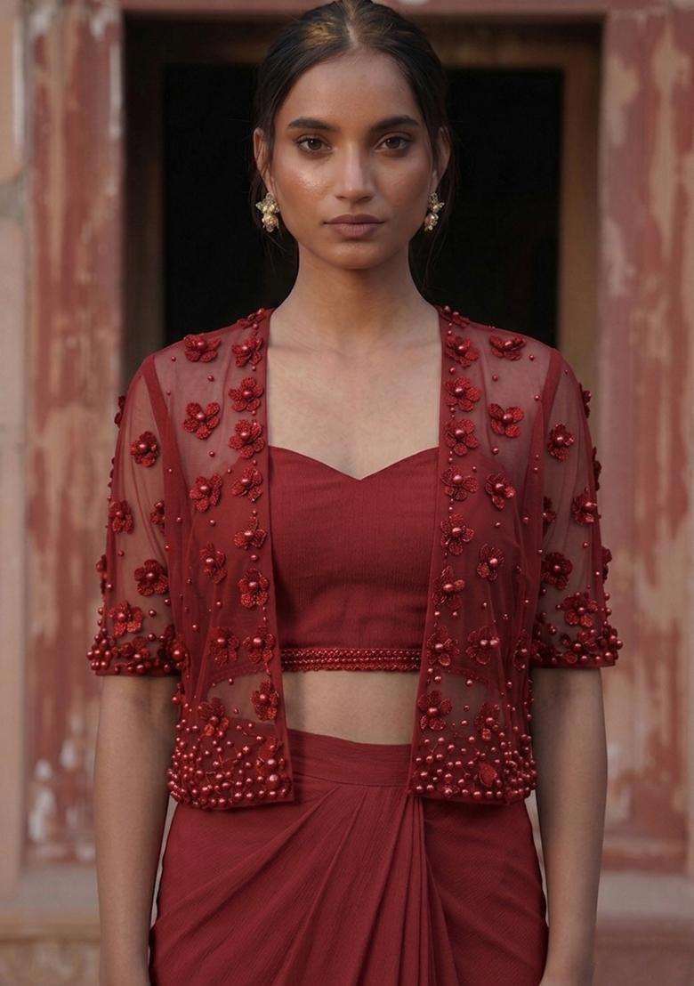 Maroon Handwork Fusion Set - Indya
