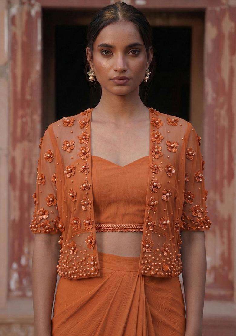 Burnt Orange Handwork Fusion Set - Indya