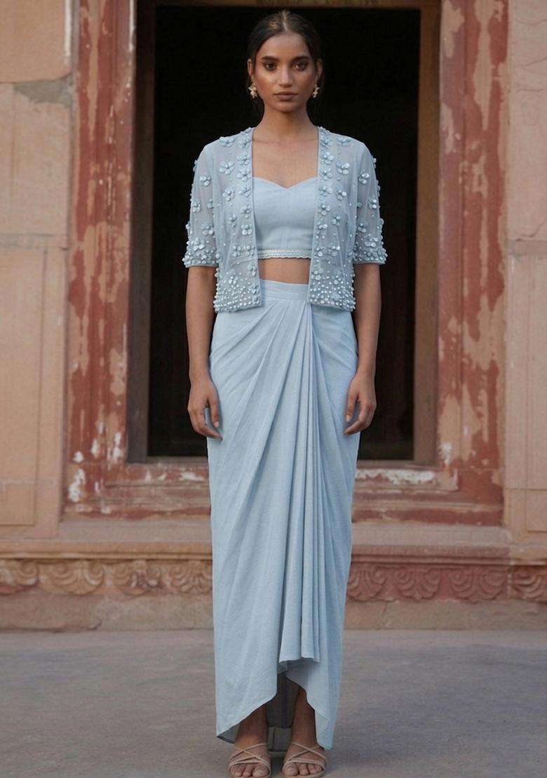 Sky Blue Handwork Fusion Set - Indya