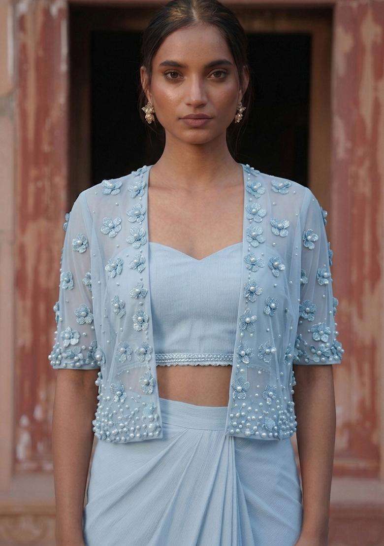 Sky Blue Handwork Fusion Set - Indya
