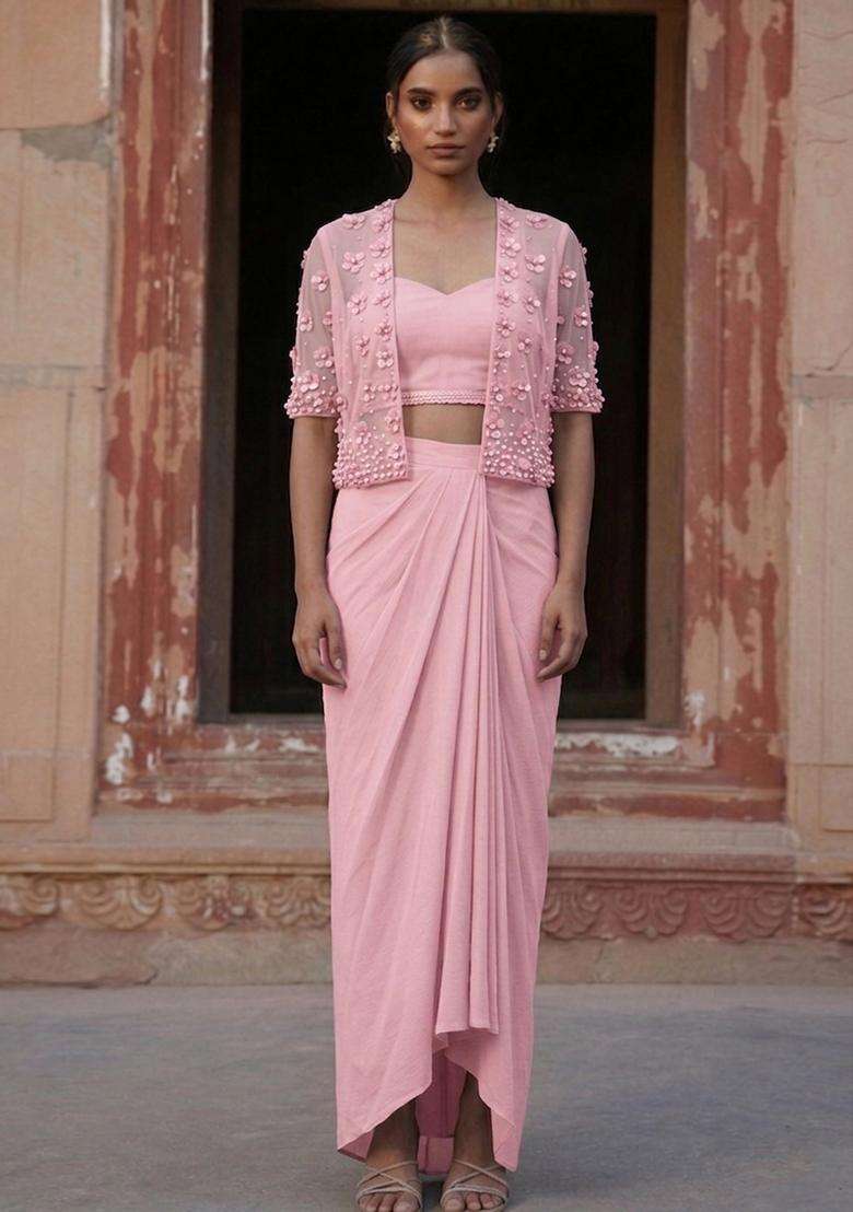 Pink Handwork Fusion Set - Indya