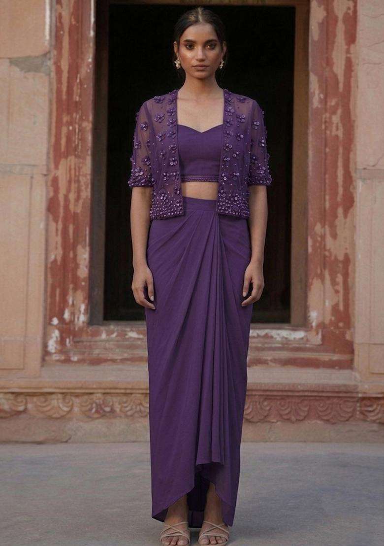 Deep Purple Handwork Fusion Set - Indya