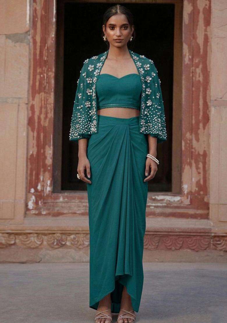 Deep Teal Handwork Fusion Set - Indya