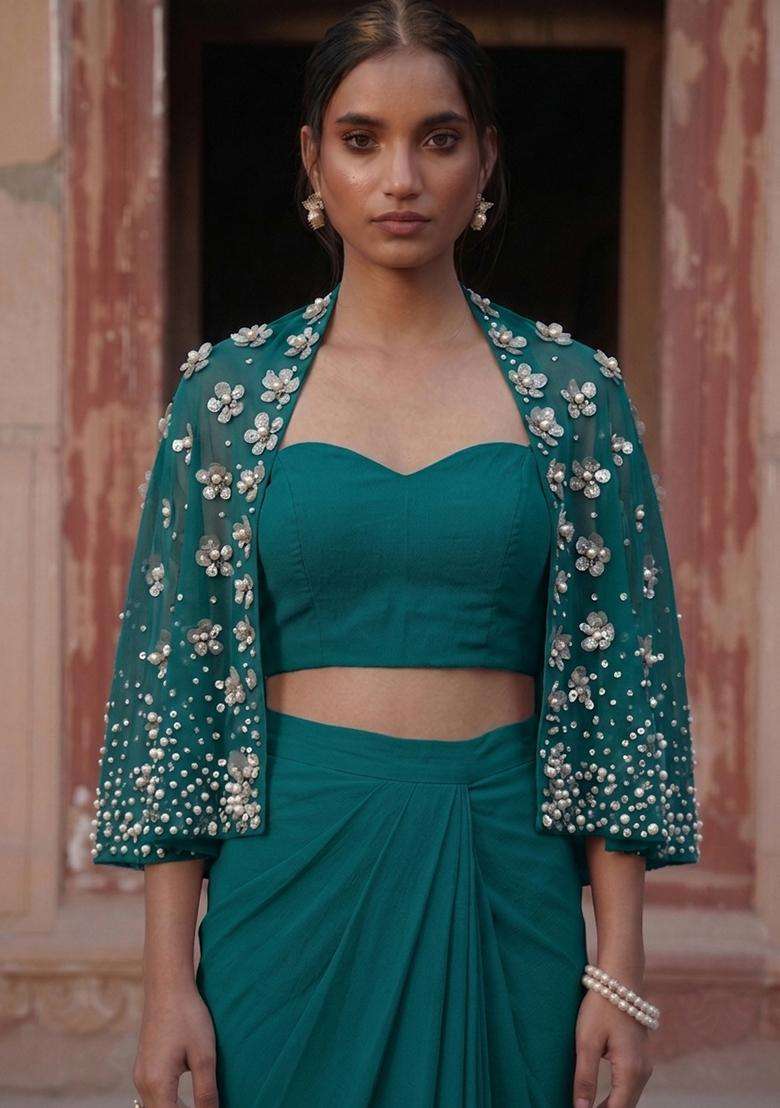 Deep Teal Handwork Fusion Set - Indya
