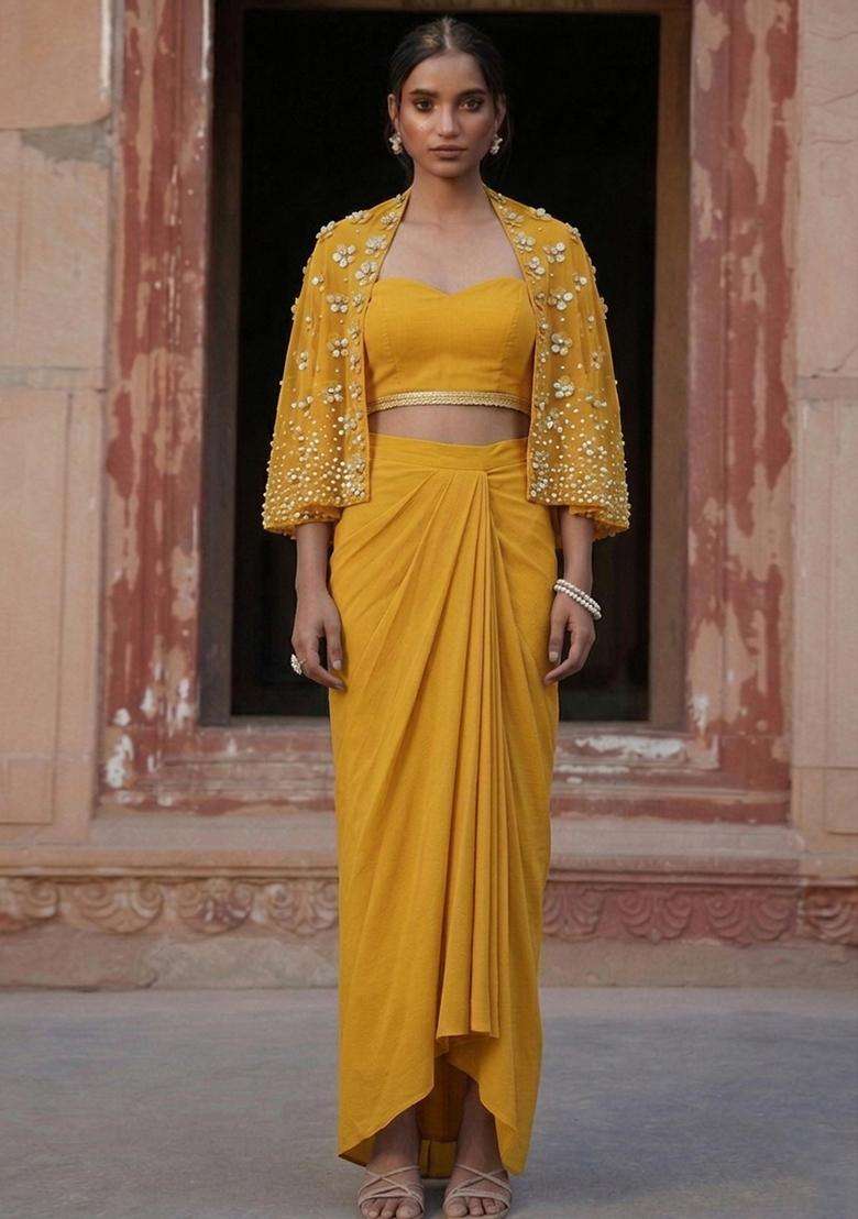 Mustard Yellow Handwork Fusion Set - Indya