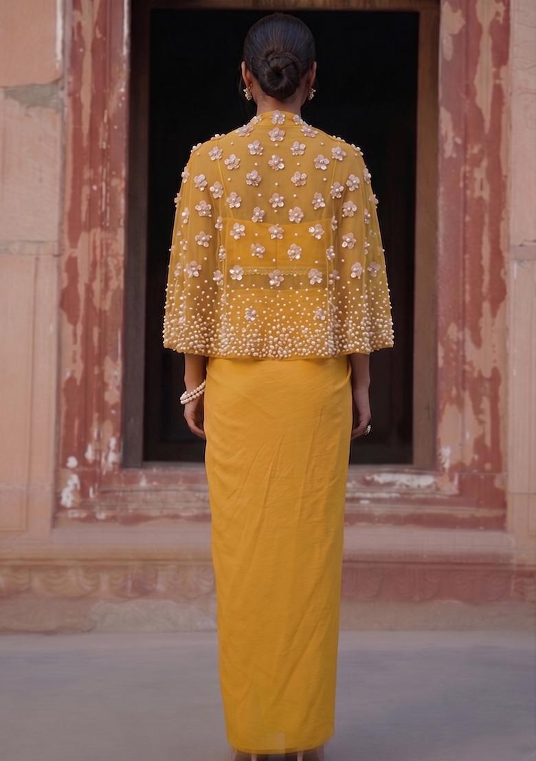 Mustard Yellow Handwork Fusion Set - Indya
