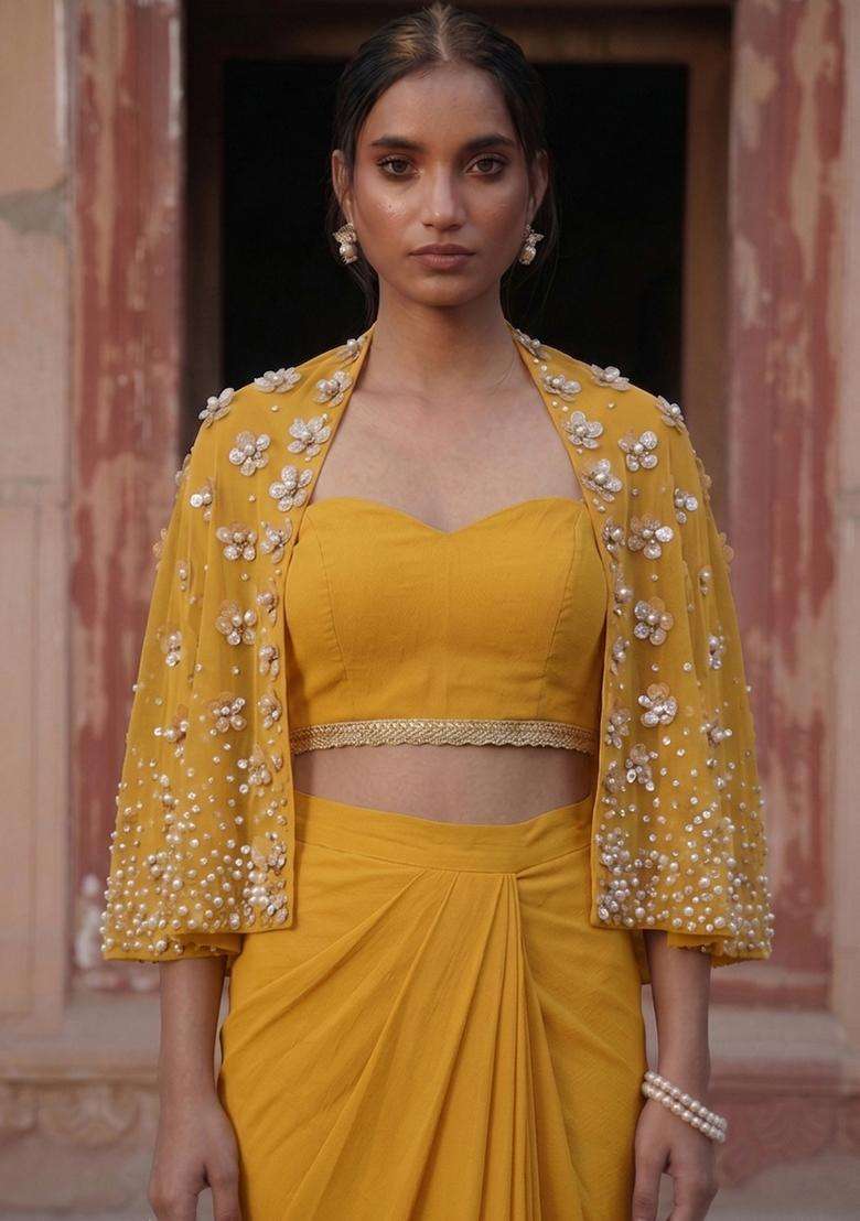 Mustard Yellow Handwork Fusion Set - Indya