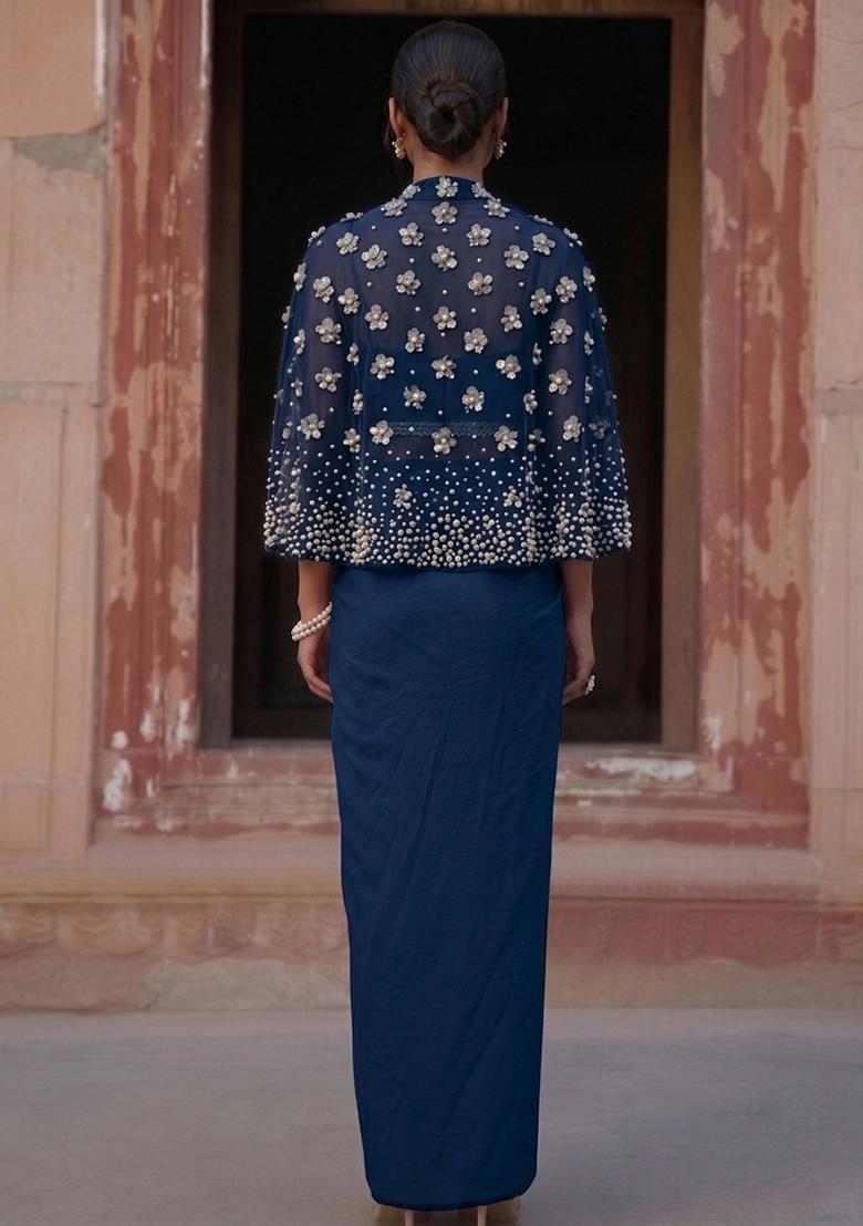 Dark Blue Handwork Fusion Set - Indya