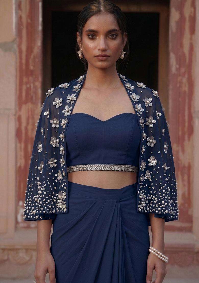 Dark Blue Handwork Fusion Set - Indya