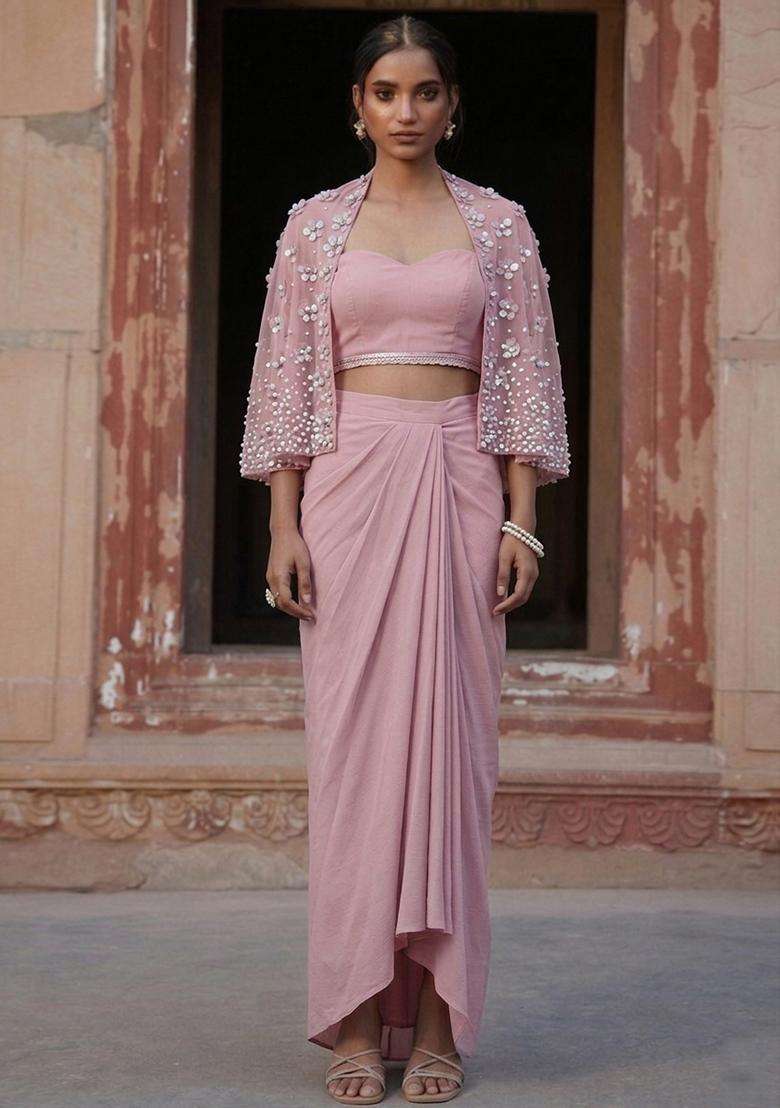 Pastel Pink Handwork Fusion Set - Indya