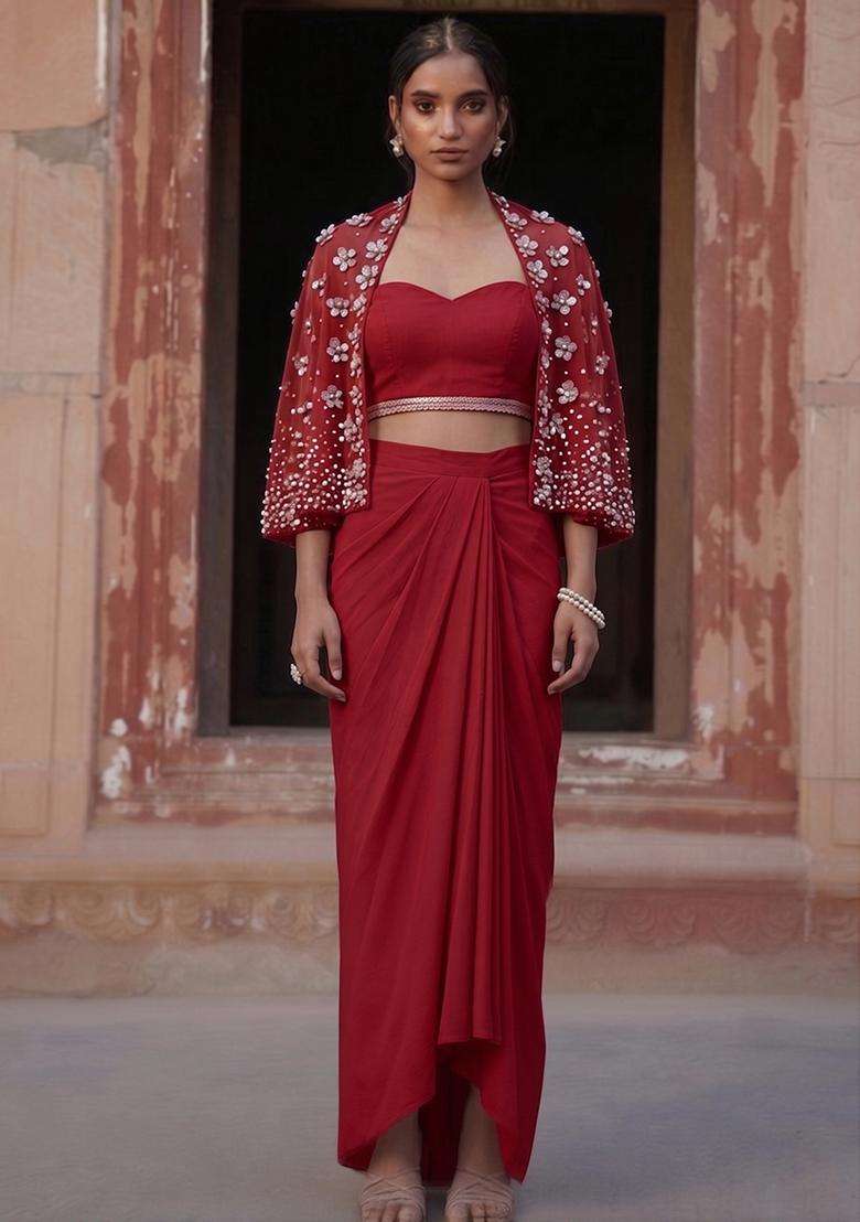 Cherry Red Handwork Fusion Set - Indya