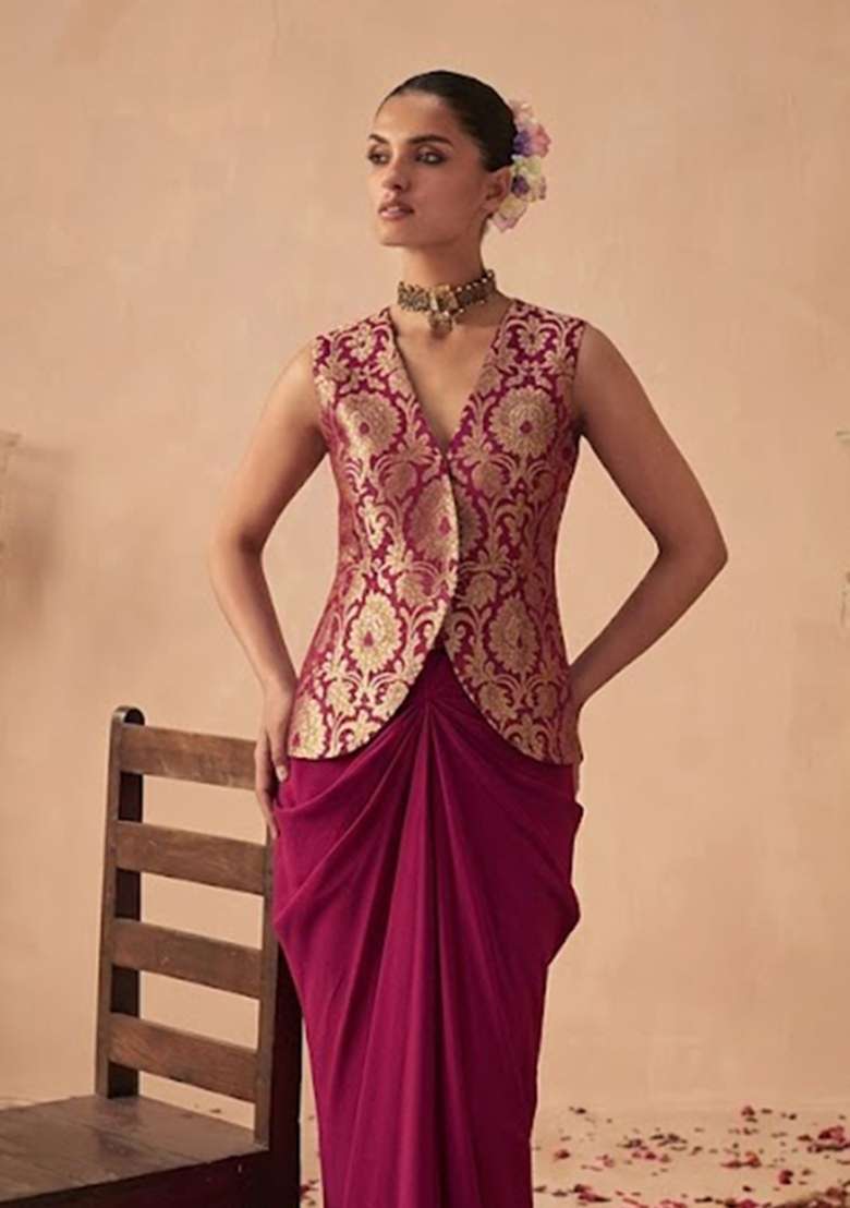 Deep Pink Brocade Fusion Set for Diwali and Festive Wear - Indya