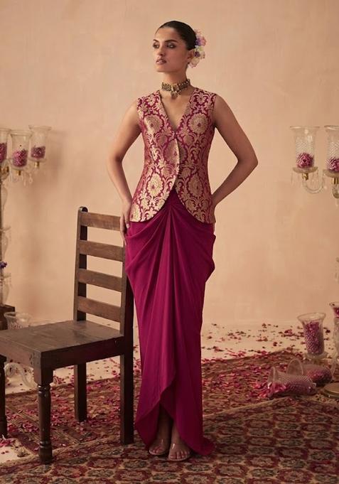 Deep Pink Brocade Fusion Set