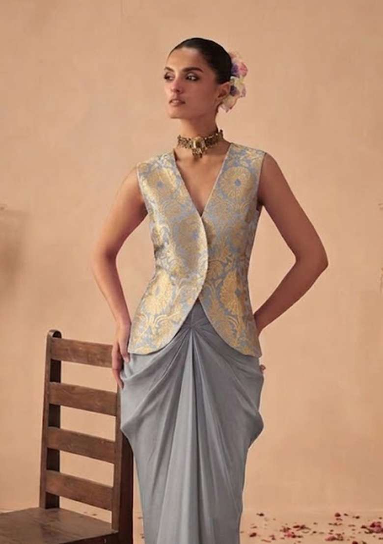 Slate Grey Brocade Fusion Set for Diwali and Festive Wear - Indya