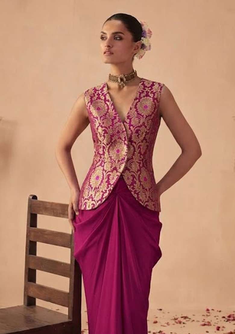 Magenta Pink Brocade Fusion Set for Diwali and Festive Wear - Indya