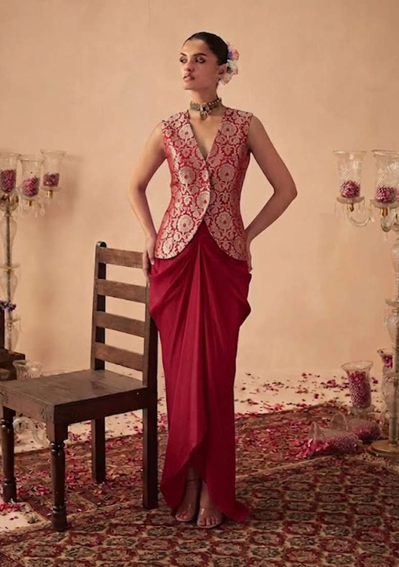 Maroon Brocade Fusion Set for Diwali and Festive Wear - Indya