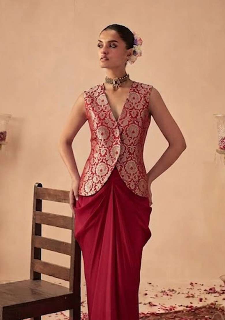 Maroon Brocade Fusion Set for Diwali and Festive Wear - Indya