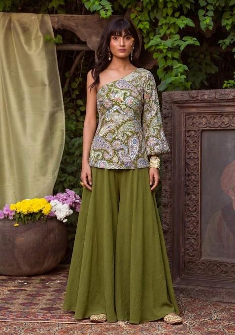 Olive Printed Crepe Fusion Set