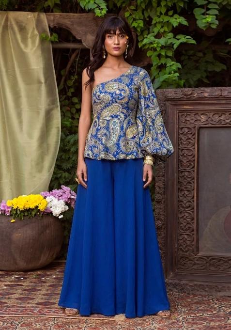 Royal Blue Printed Crepe Fusion Set