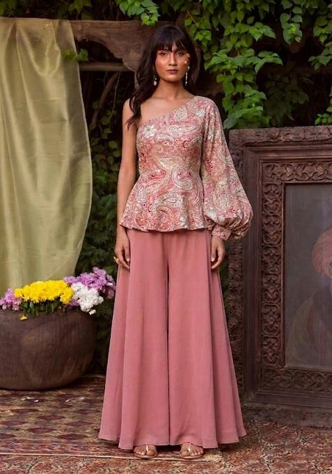 Dusty Pink Printed Crepe Fusion Set