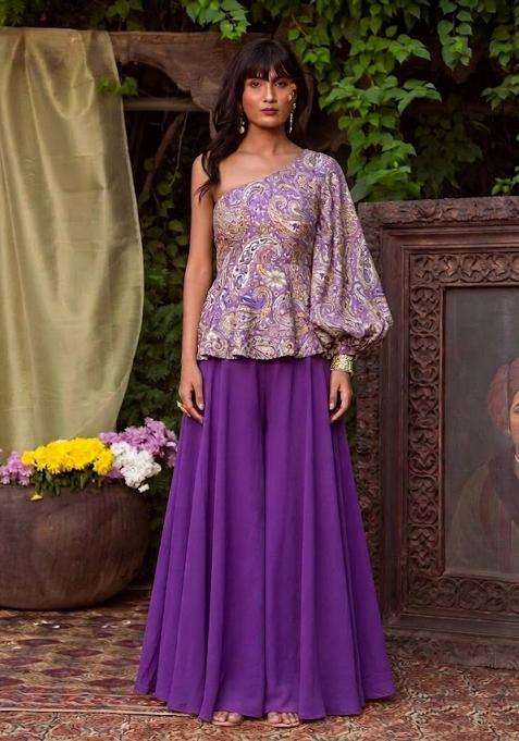 Purple Printed Crepe Fusion Set