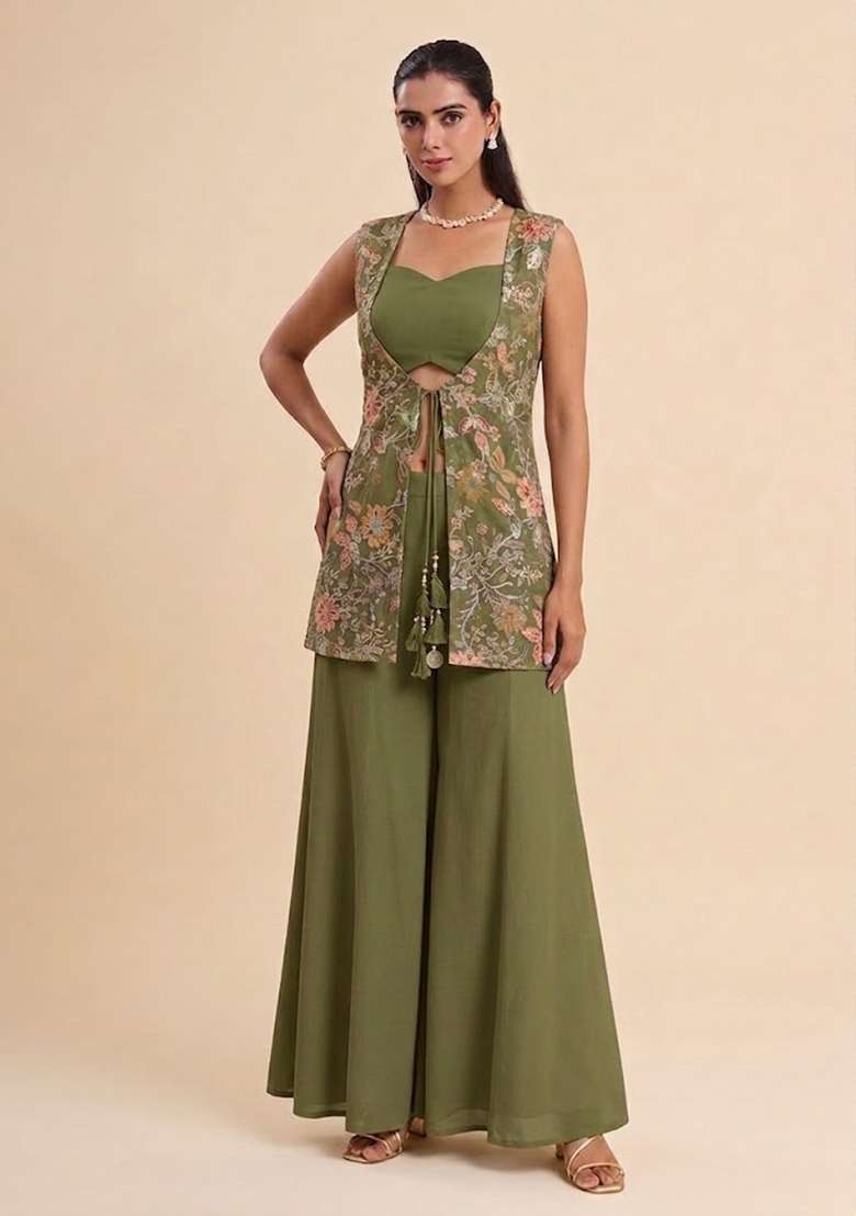 Olive Sequin Crepe Fusion Set for Diwali and Festive Wear - Indya