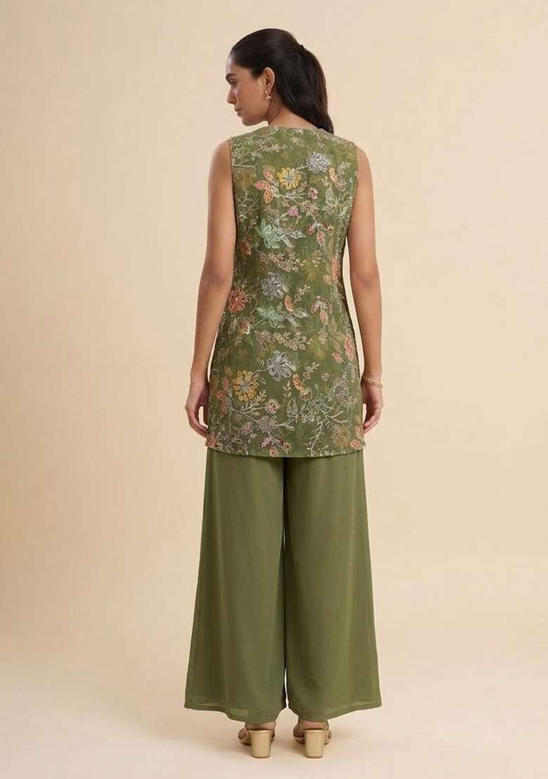 Olive Sequin Crepe Fusion Set for Diwali and Festive Wear - Indya