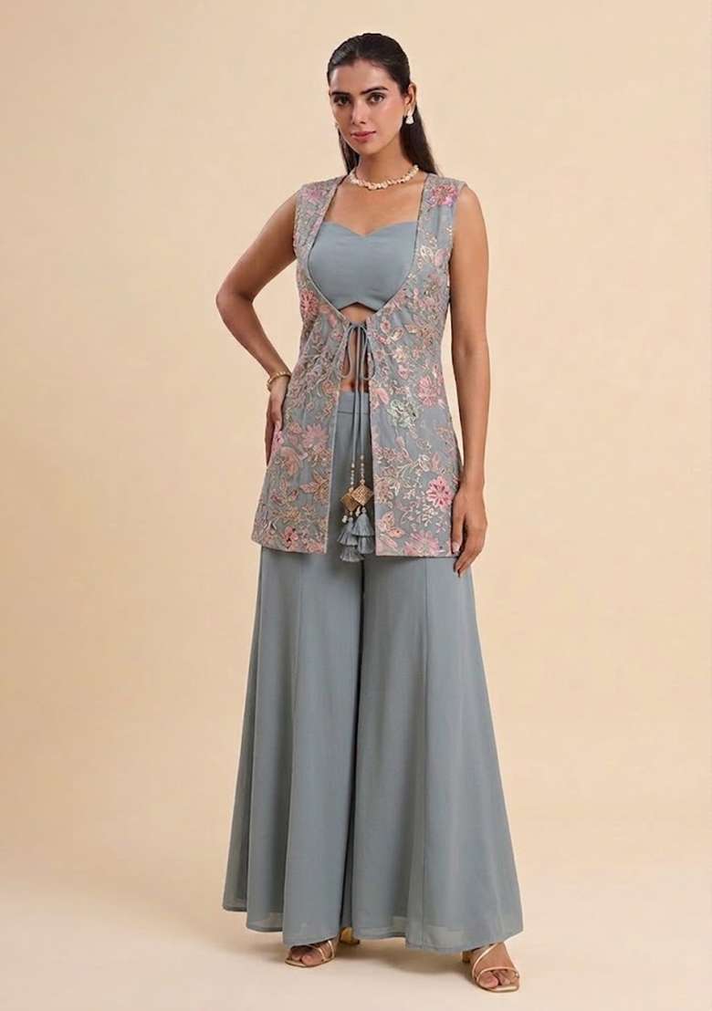 Grey Crepe Fusion Set with Sequin for Diwali | Wedding & Festive Wear - Indya