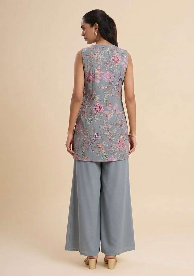 Grey Crepe Fusion Set with Sequin for Diwali | Wedding & Festive Wear - Indya