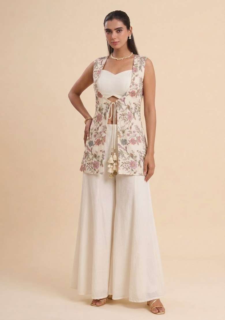 Off White Sequin Crepe Fusion Set for Diwali and Festive Wear - Indya