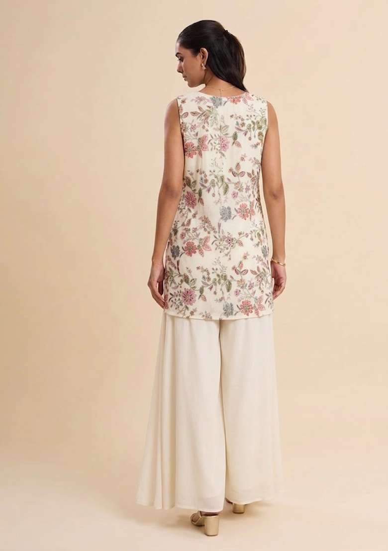 Off White Sequin Crepe Fusion Set for Diwali and Festive Wear - Indya