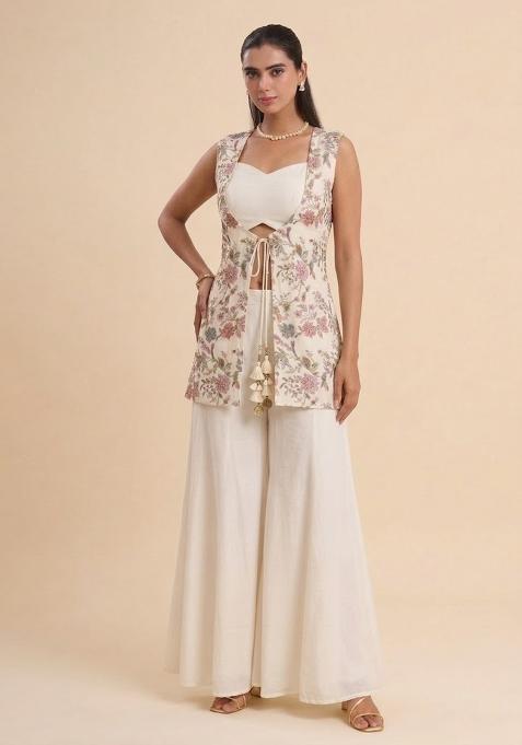 Off White Sequin Crepe Fusion Set