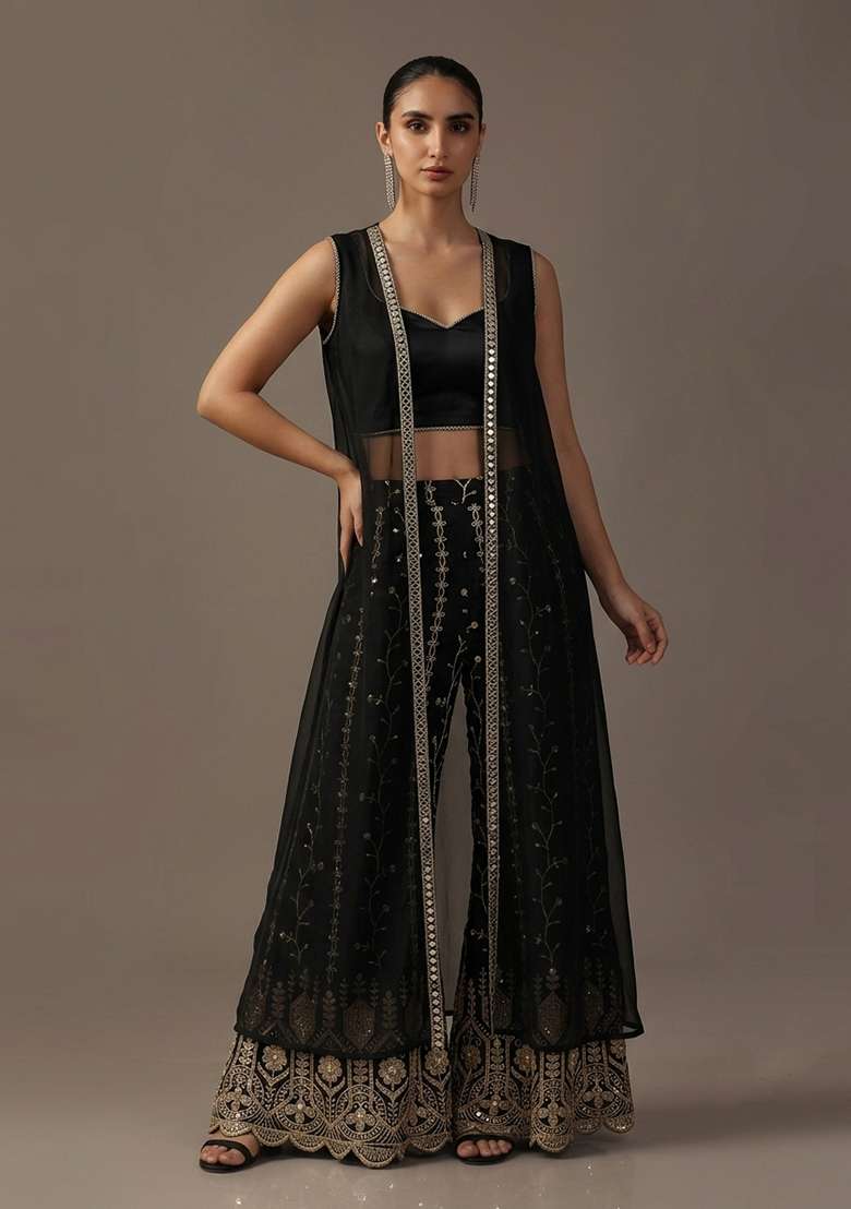 Black Embellished Crepe Fusion Set - Indya