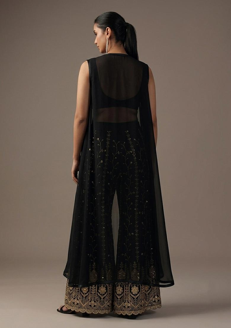 Black Embellished Crepe Fusion Set - Indya