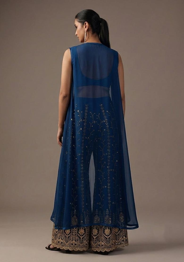 Navy Blue Sequin Crepe Fusion Set - Indya
