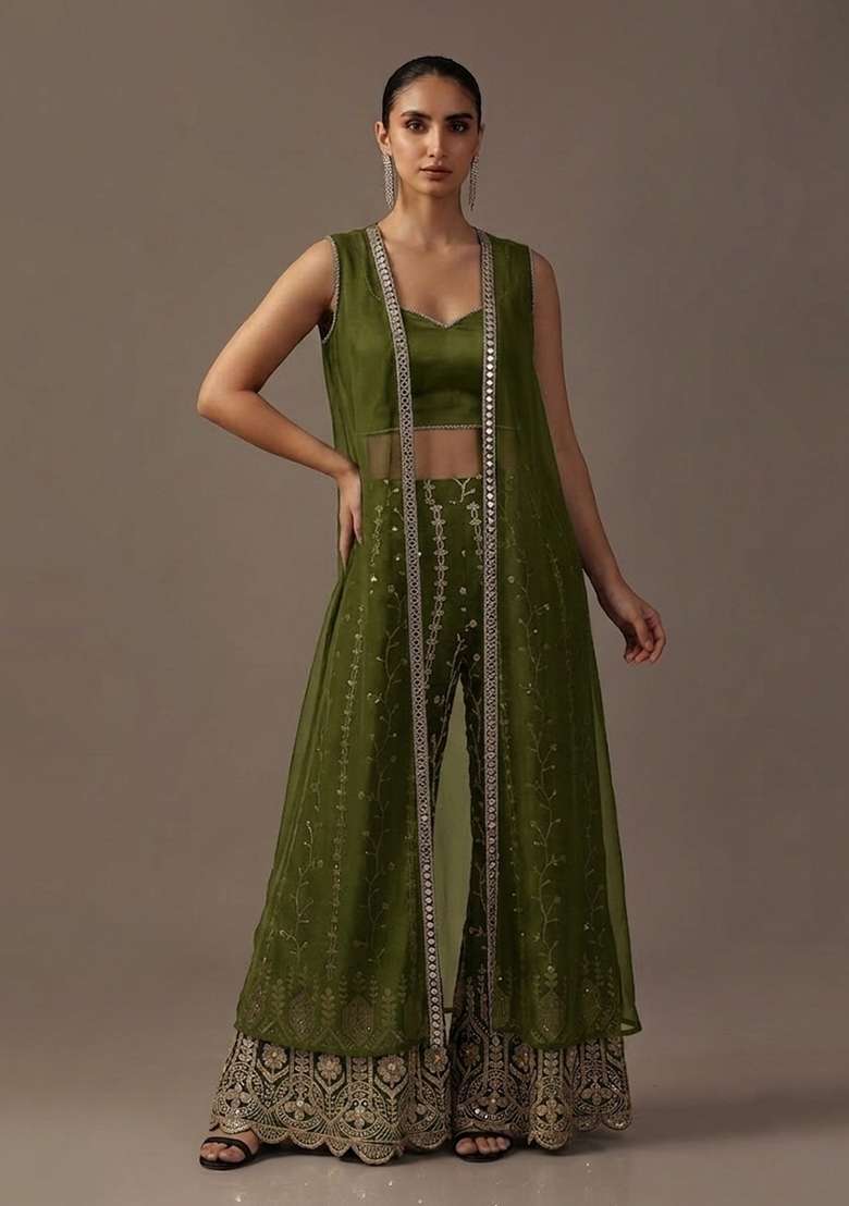 Olive Green Sequin Crepe Fusion Set - Indya
