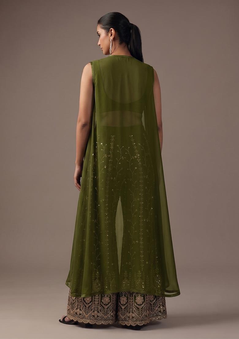Olive Green Sequin Crepe Fusion Set - Indya
