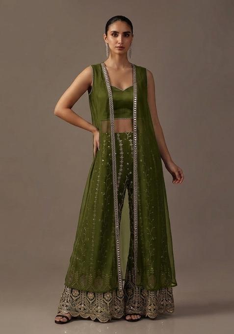 Olive Green Sequin Crepe Fusion Set