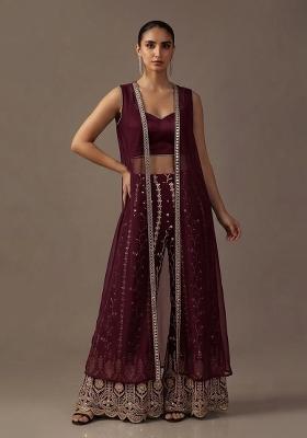 Burgundy Wine Embroidered Crepe Fusion Set