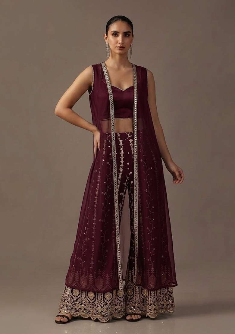 Burgundy Wine Embroidered Crepe Fusion Set - Indya