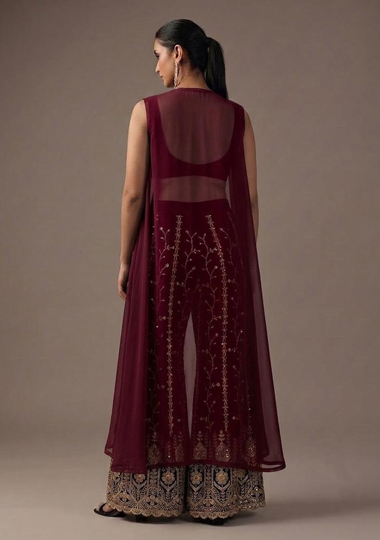 Burgundy Wine Embroidered Crepe Fusion Set - Indya
